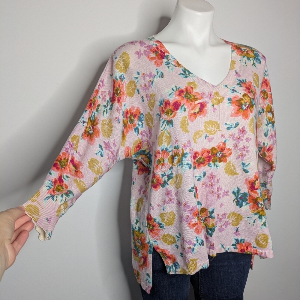 Sundance Pink Yellow Floral Lightweight Cotton V Neck Sweater M - Picture 5 of 9